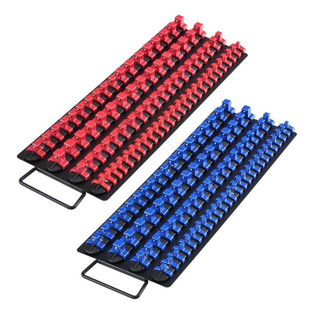 VEVOR Portable Socket Organizer Tray, 2PCS Metric & SAE Socket Organizer Set Hold up to 160 Sockets, 1/4", 3/8" and 1/2" Heavy-Duty Socket Rail with Handle & Steel Base for Tool Box Drawer