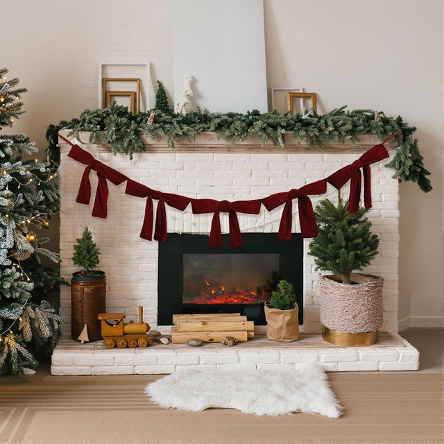 Suncalla 5.9ft Christmas Velvet Bow Garland Pre Strung Bow Garland Banner with 5 Pcs 12 x 12 Inches Giant Velvet Bows Reusable Vintage Decoration for Xmas Tree Fireplace Staircase(Burgundy)