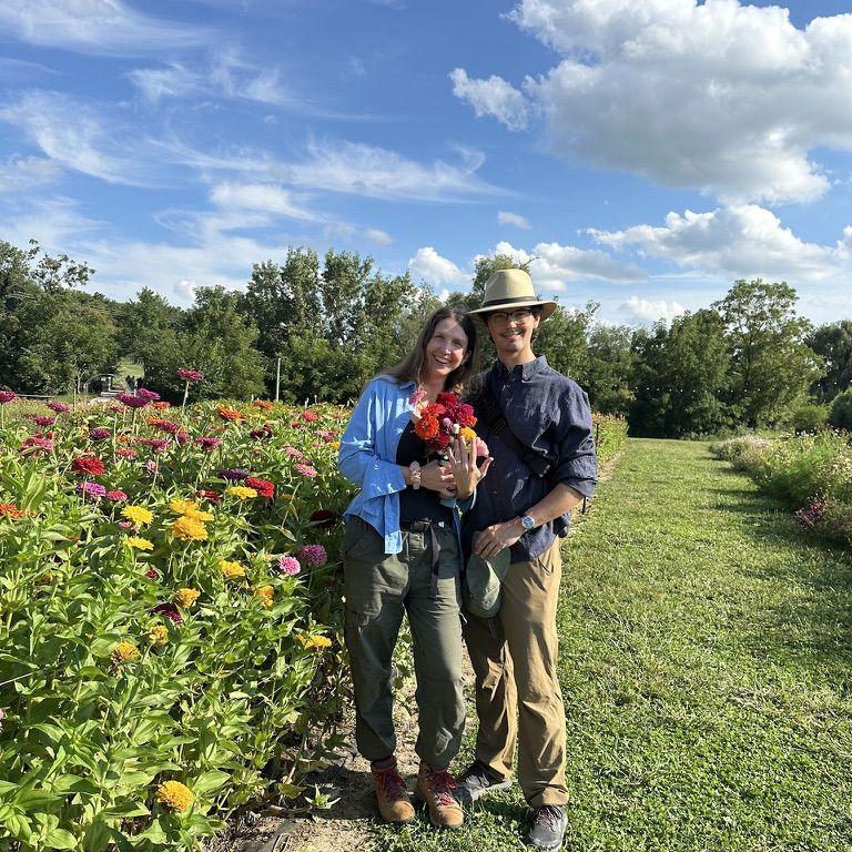 At Wilson's Orchard in Iowa, right after we got engaged