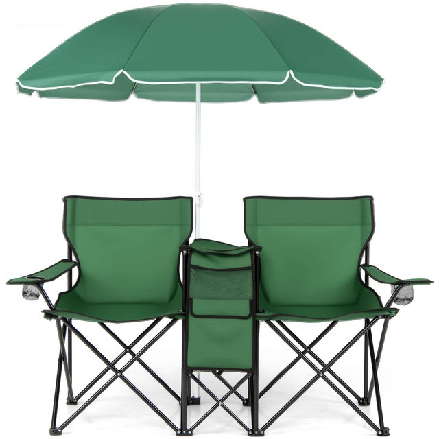 Costway Portable Folding Picnic Double Chair with Umbrella Table Cooler Beach Camping，Green Green