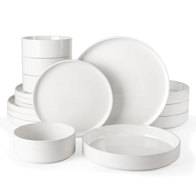 Famiware Nebula Dinnerware Set with Pasta Bowls, Service for 4 (16pcs), Fine Stoneware Plates and Bowls Sets, Microwave and Dishwasher Safe Dishes Set, White
