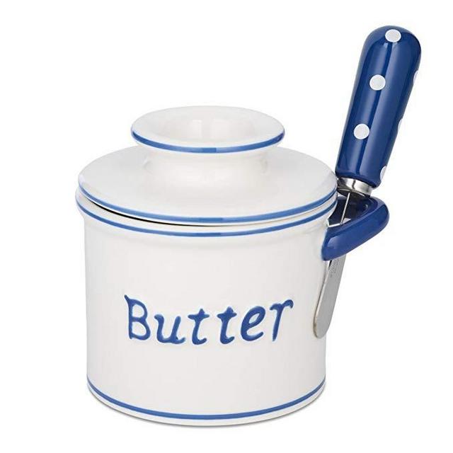 The Original Butter Bell Crock and Spreader by L. Tremain, Parisian Polka Dot Collection - Blue/White