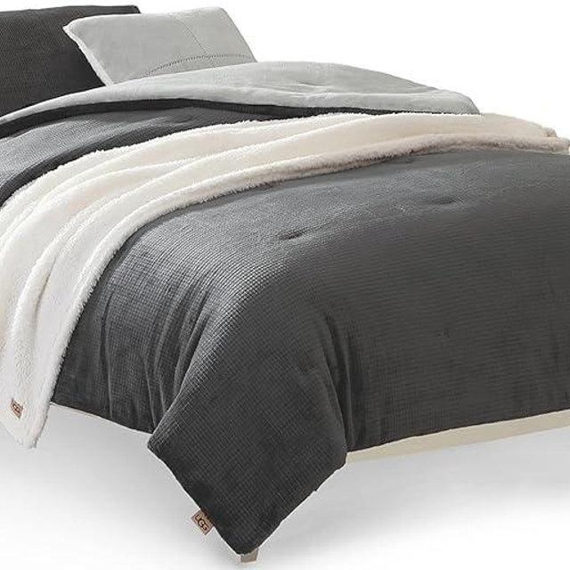 UGG Remina Twin Comforter Set 4 Piece Bed in a Bag with Throw Blanket, Decorative Pillow, Sham, and Reversible Comforter Hypoallergenic Washable College Dorm Essentials Bedding, Twin XL, Charcoal Grey