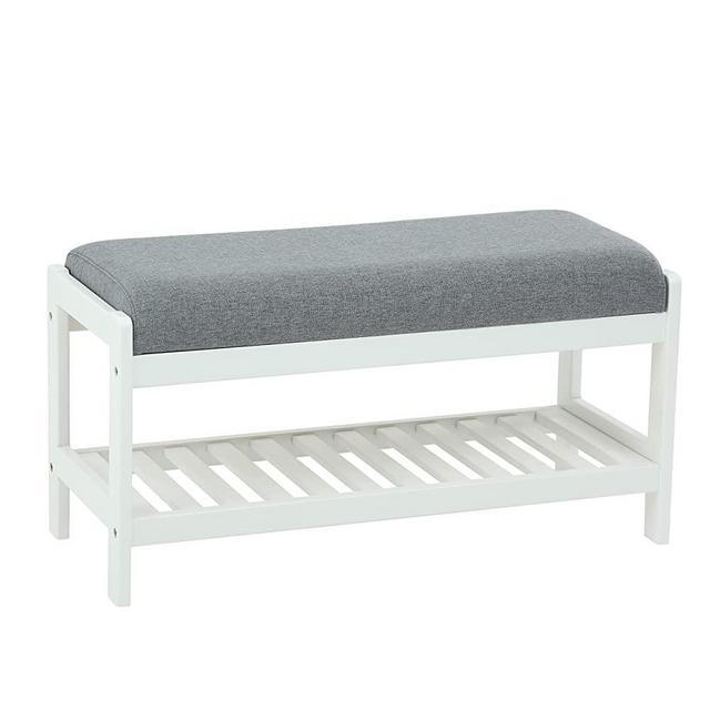 STRUGGLE Shoe Bench for Entryway, Solid Wood Shoe Rack with Cushion Padded Seat, Storage Shoe Shelf Holds up to 300lbs for Indoor, Entrance, Hallway, Bedroom, Living Room, White
