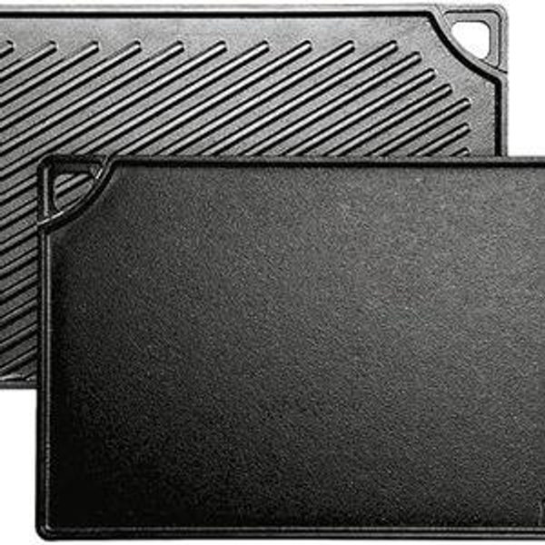 Lodge Double Play Reversible Cast Iron Grill/Griddle - Dual-Sided with Double Burner Configuration for Eggs, Pancakes, Burgers & More - Seasoned, Non-Toxic Cookware - Heavy-Duty Grill Pan - Black