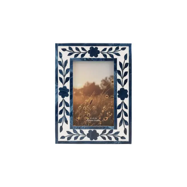 Sagebrook Home 4" x 6" Picture Frame - Blue and White Floral Petals Polyresin Portrait Holder - Decorative Glass Frame for Home