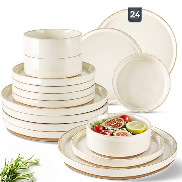 AmorArc Ceramic Dinnerware Sets for 8, 24 Pieces Handpainted Plates and Bowls Set with Rustic Terracotta Underside, Scratch Resistant Stoneware Dishes Set, Dishwasher & Microwave Safe
