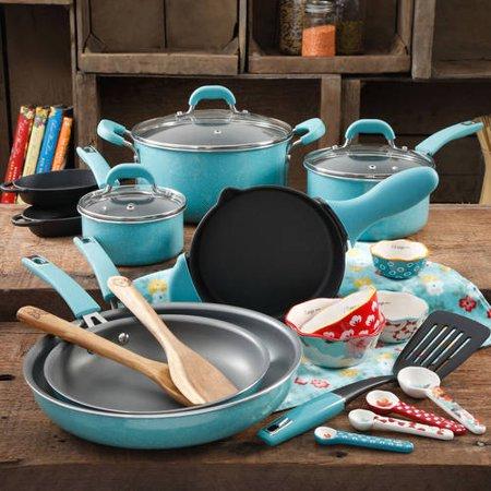 The Pioneer Woman Vintage Speckle 24 Piece Cookware Combo Set, Light Blue