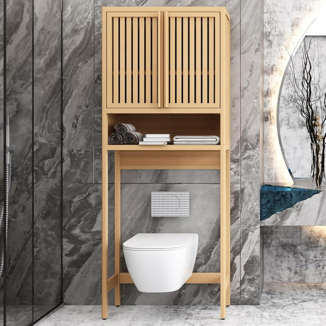 Anwick Bamboo Over The Toilet Storage Cabinet & Over Toilet Bathroom Organizer, 2 Doors and Open Storage Shelf, Tall and Thin, Natura