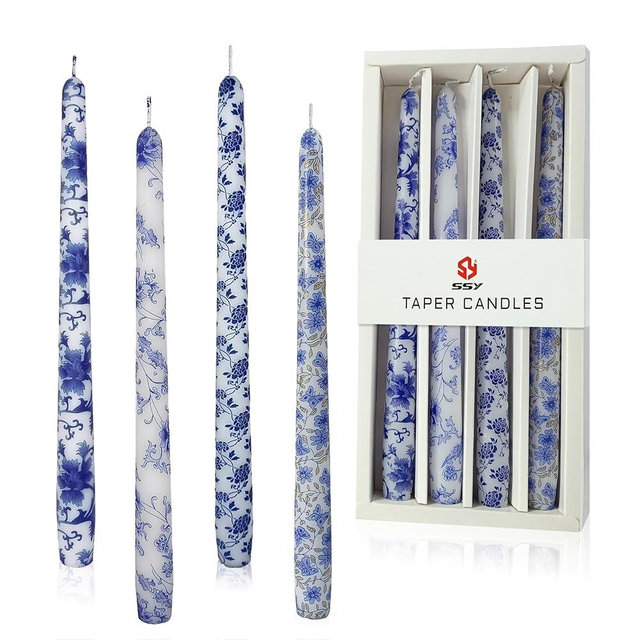 10 inche Floral Candle Sticks Printed Candlestick 4 Pack Blue and White Porcelain Unscented Taper Candle Long Blue Flower Tapered Candles for Home Dinner Wedding Holiday