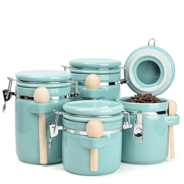 ZEBERBO 4-Piece Airtight Ceramic Canisters Set with Wooden Spoons & Chalk Labels – Perfect for Coffee, Sugar, Flour, Tea (Turquoise) – Stylish & Leakproof Kitchen Storage