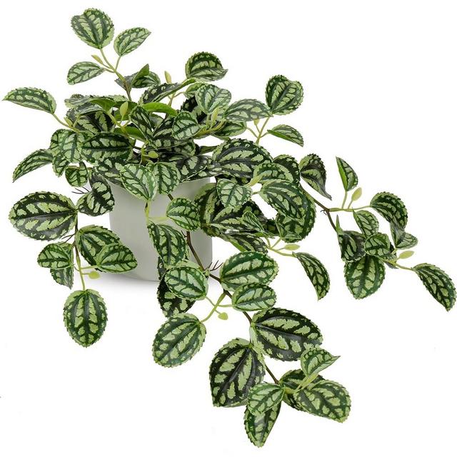GnFlus Fake Plants, 20 Inch Artificial Hanging Plant in Ceramic Pot Faux Peperomia Watermelon Vine Potted for Home Bedroom Office Table Shef Indoor Outdoor Decor - Style 4