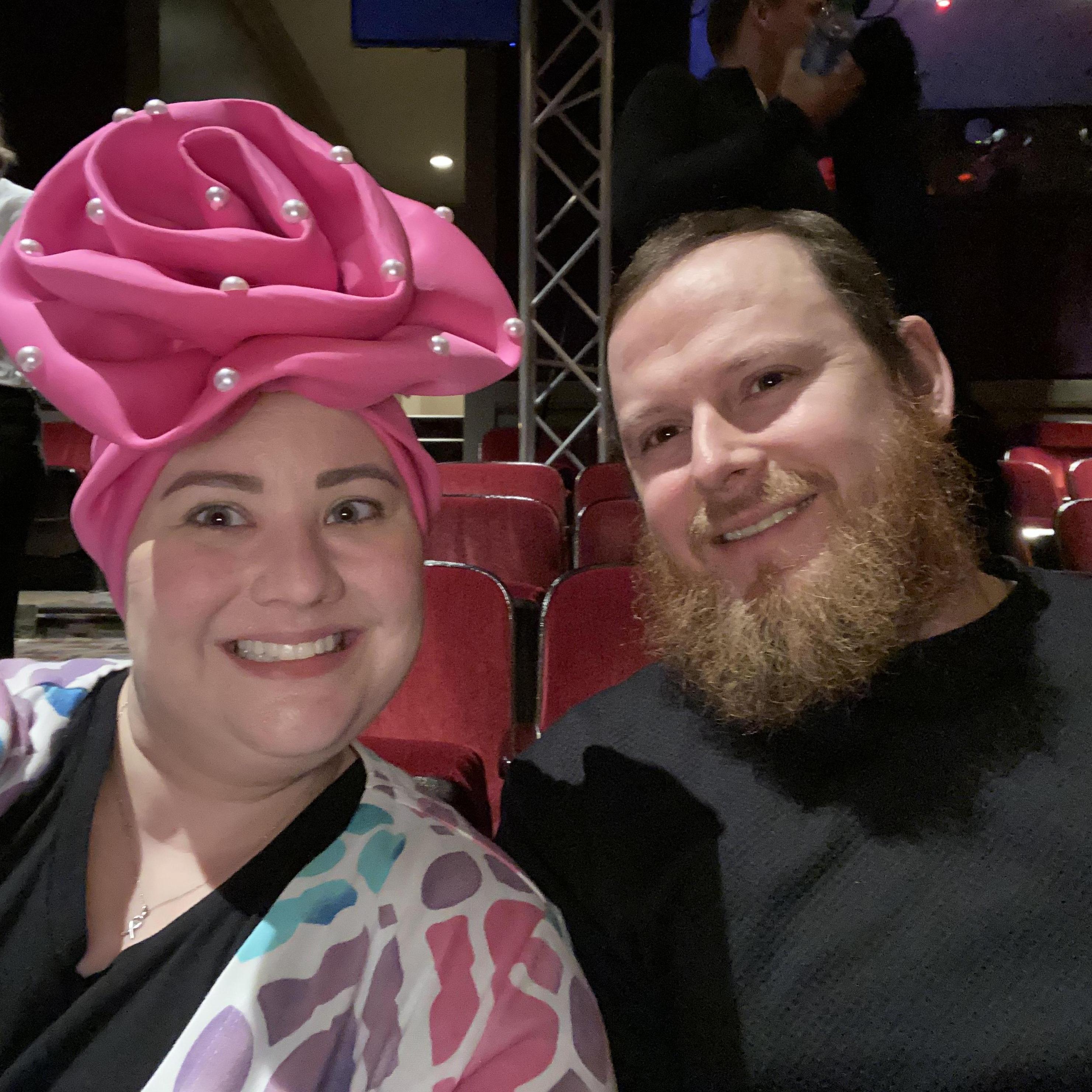 Us at Les Miserables at IU in February if 2020. Can’t you tell he loves my crazy turbans?