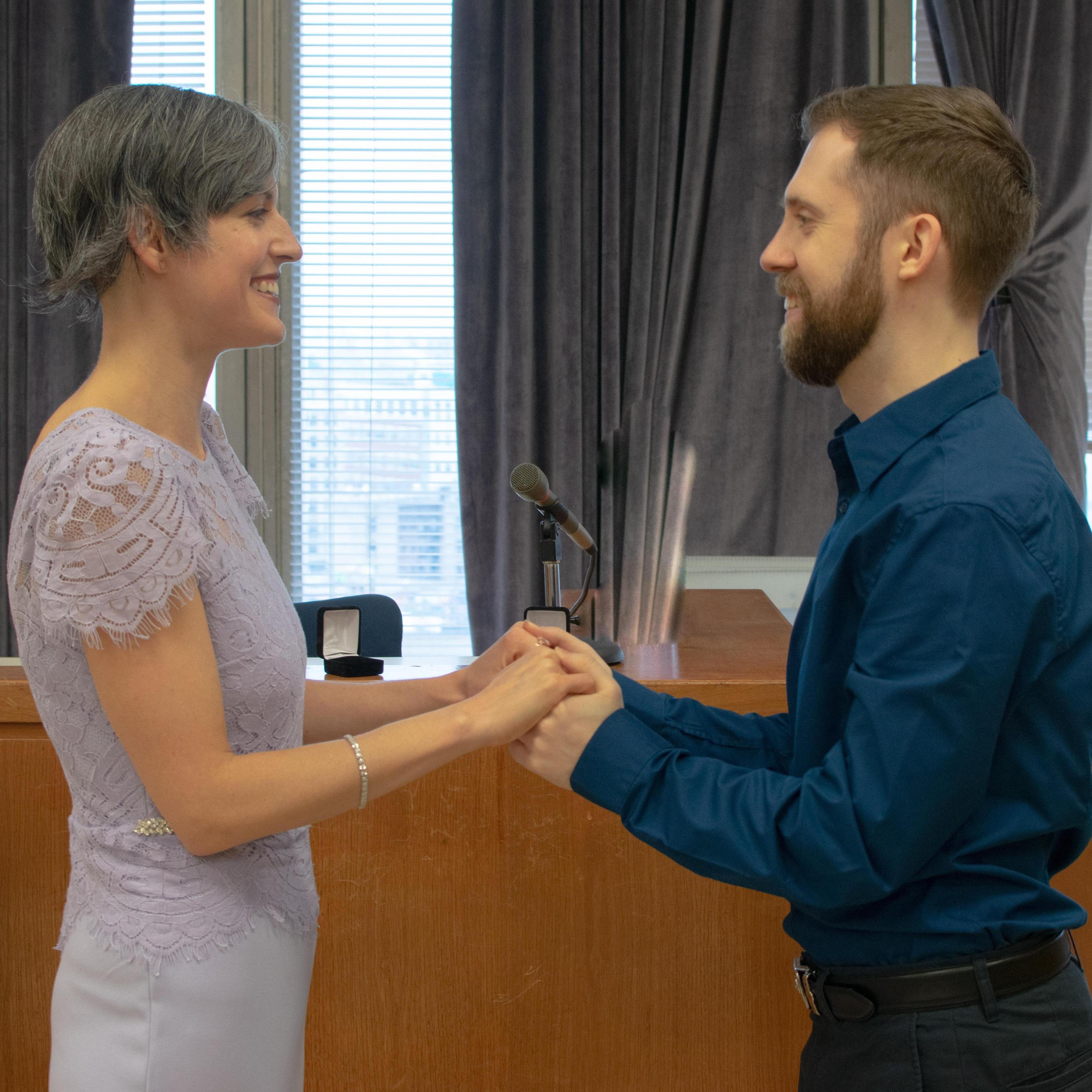 The judge who married us spent 30 minutes on the phone grilling an attorney for deposition tapes. Our wedding was exactly how we always imagined it would be.