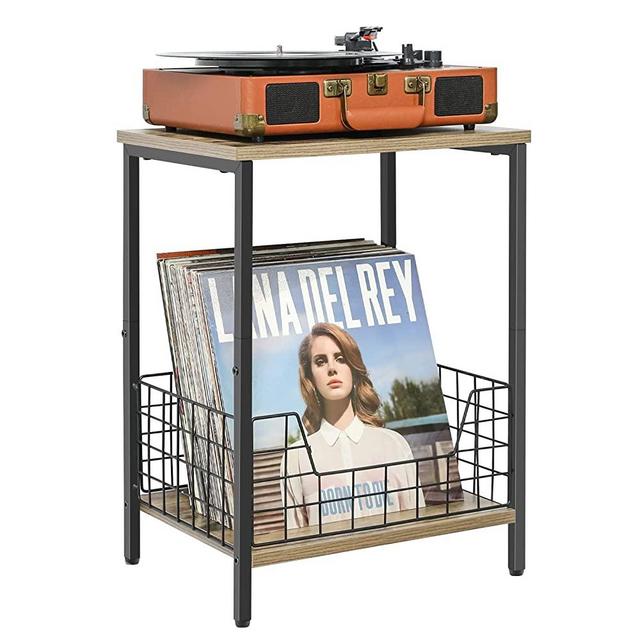 2-Tier End Table, Industrial Retro Side Table, Record Player Stand with Record Album Storage, Nightstand Small Table for Living Room Bedroom Kitchen Office Small Spaces, (Rustic Brown & Black)
