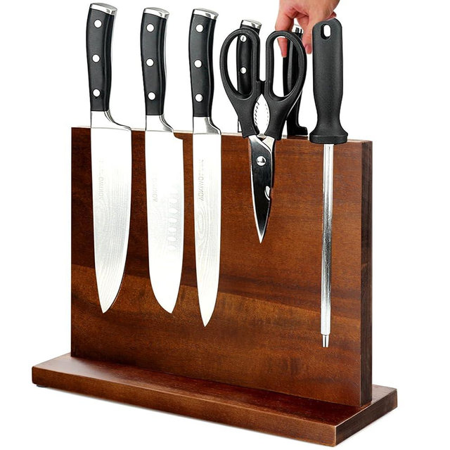 Magnetic Knife Block Double Sided Magnetic Knife Holder Rack with Strong Enhanced Magnets Acacia Wood Magnetic Knife Storage Stand (Acacia Wood)