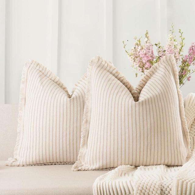 ZWJD Throw Pillow Covers 26x26 Set of 2 Striped Pillow Covers with Fringe Chic Cotton Decorative Pillows Square Cushion Covers for Sofa Couch Bed Living Room Farmhouse Decor