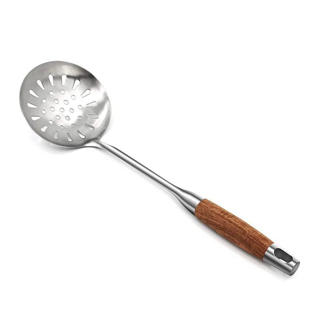 YYP Skimmer Slotted Spoon, [Durable, Rustproof, Integral Forming] 304 Stainless Steel Slotted Serving Spoon with Heat Resistant Wooden Handle, Heavy Duty Cooking Strainer Spoon for Kitchen, 15.8 Inch