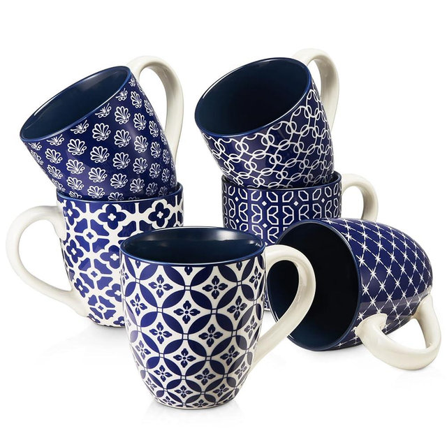 DOWAN Coffee Mugs Set of 6, 19 oz Large Porcelain Coffee Cups with Handle for Coffee Tea and Cocoa, Ceramic Coffee Mug for Women Men, Housewarming Wedding Gift, Vintage Blue