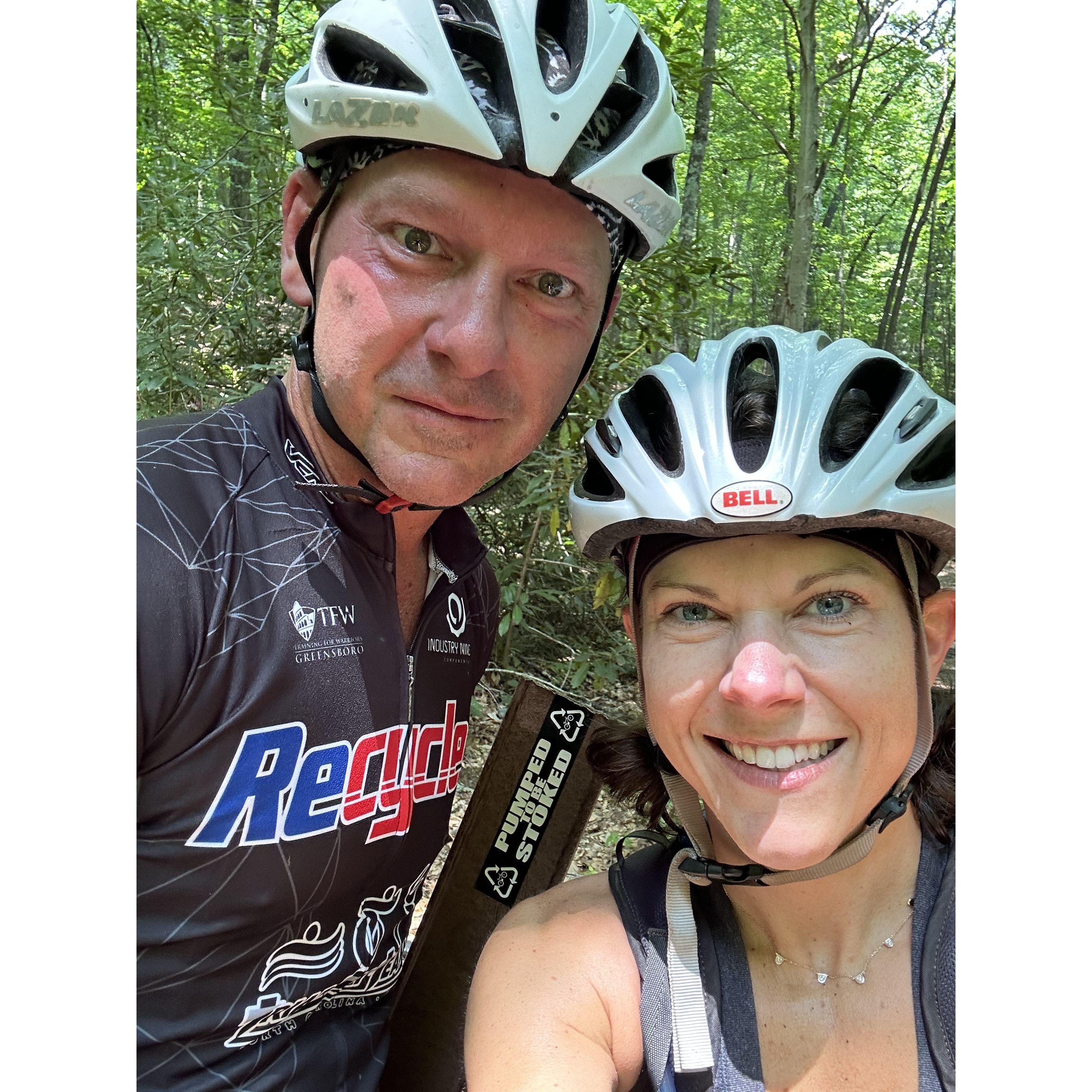 In Mark's happy place - on a mountain bike! Although we have many shared interests, this hobby was his to share with me.