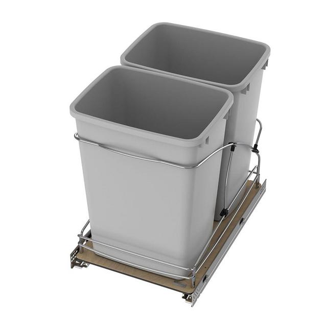 Rev-A-Shelf Steel Bottom Mount Double 35 Quart 8.75 Gallon Waste Bin Trash Container for Under Kitchen Cabinet with Soft Close, Gray, 54WC-1835SC-17-1