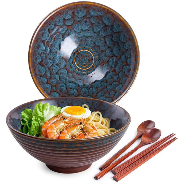 HOKELER Ceramic Japanese Ramen Bowl Set, 2 Sets Asian Pho Udon Soup Noodle Bowls with Spoons and Chopsticks (Peacock Green, 8 inches)