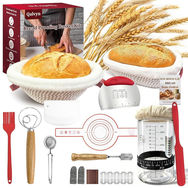 Sourdough Bread Baking Supplies, Sourdough Starter Kit with Cotton Rope Oval & Round Bread Proofing Basket and Sourdough Starter Jar, Artisan Bread Making Kit Ideal Gift for Bakers, Women Wife Mom