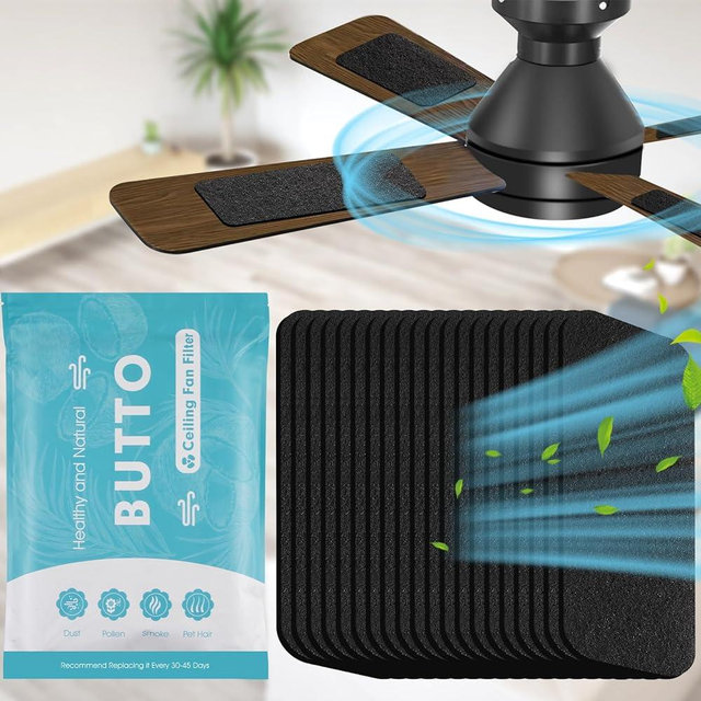 Butto Ceiling Fan Filters for Blades - Strong Adhesive Ceiling Fan Filters for Common Household Contaminants - Unscented Coconut Carbon Fan Air Purifier Pads to Make Air Fresh and Natural (20-Pack)