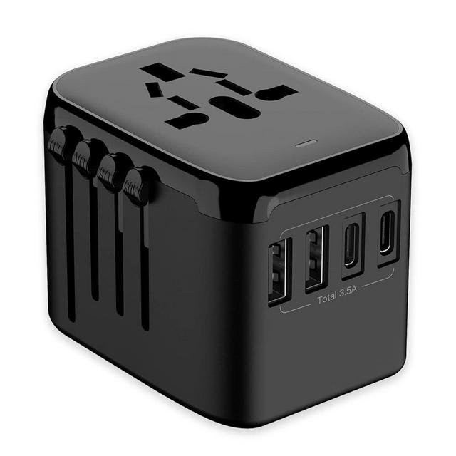 RXSQUL Universal International Power Travel Plug Adapter, 5 in 1 European Travel Plug Adapter W/ 3.5A 2xUSB-A and 2xUSB C Wall Charger and Worldwide AC Outlet for Europe USA UK AUS Asia-Black