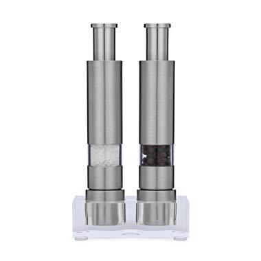 Grind Gourmet Salt and Pepper Grinder Set of 2 with Modern Thumb Push Button Grinder, Premium Stainless Steel, for Black Pepper, Sea Salt and Himalayan Salt, With Stand"