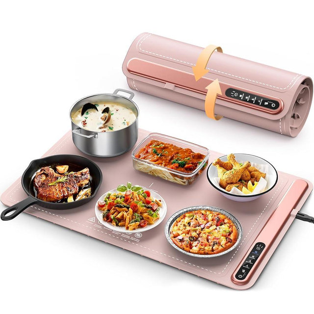 Food Warming Mat - Fast Heating Silicone Electric Warming Tray with 4 Level Temperature, Raised Feet Protects Table, Portable Food Warmer for Parties Rollable Buffet Hot Plates for Party Home Travel