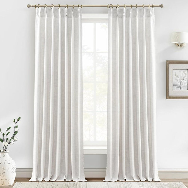 Linen Sheer Curtains 108 Inches Long 2 Panels, Natural Beige White Floor to Ceiling Double Pinch Pleated&Back Tab Boho Light Filtering Semi 9FT for Large Window Office/Living Room/Bedroom Aesthetic