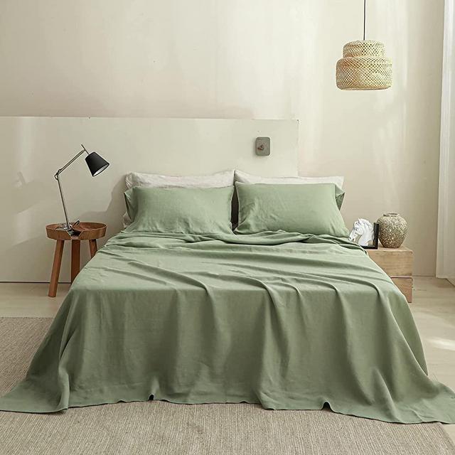 Simple&Opulence 100% Linen Sheet Set 4 Pcs Washed Natural French Flax Bed Sheets (Deep Pocket Fitted Sheet & Flat Sheet & 2 Pillowcases) Basic Style Soft Breathable Farmhouse - Queen, Sage Green