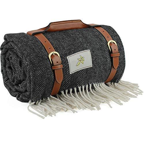 Good Gain Premium Wool Picnic Blanket with Waterproof Backing and PU Handle, Extra Large 80 x 60 Camping Rugs Black for Outdoor Travel Family Hiking, Washable Foldable Beach Mat in Winter Hoilday