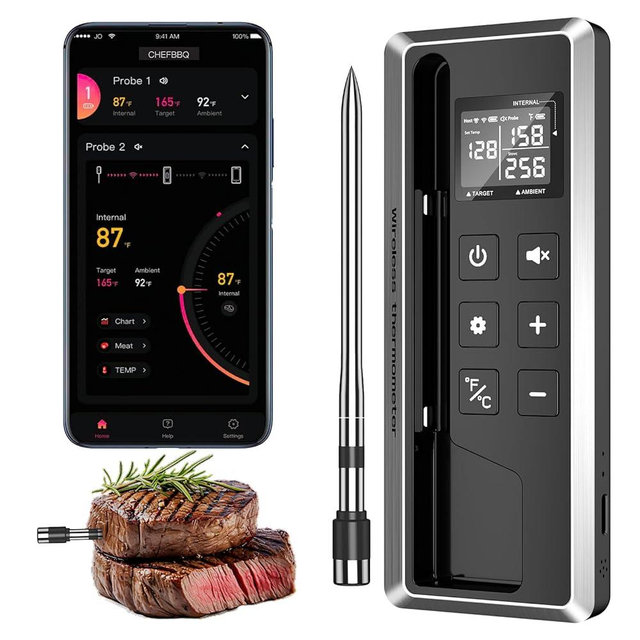 TEMMIO Wireless Meat Thermometer, Instant Read Grill Food Thermometer Digital, 5.2 Bluetooth 800ft App Alerts, 0.19In Dual Sensor Probe, ±0.5℉ Accuracy for BBQ, Oven, Smoker