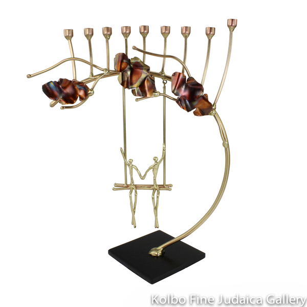 Menorah, Two Figures on a Swing, Even Height Candles, Copper and Brass