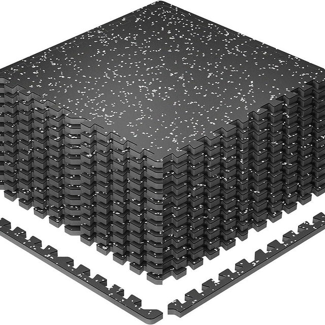 SUPERJARE 0.79'' Extra-Thick Exercise Equipment Mats, 12 Pcs 48 Sq Ft Rubber Top Floor Tiles with High Density EVA Foam, Interlocking Gym Flooring for Home Gym, Workout Mat, Black/Grey
