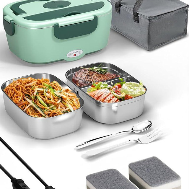 Electric Lunch Box for Adults - 80W Fast Heated Lunch Box for Men&Women with Dual 1.5L Stainless Steel Containers Fast Heating Portable Food Warmer for Car&Truck lonchera eléctrica portátil