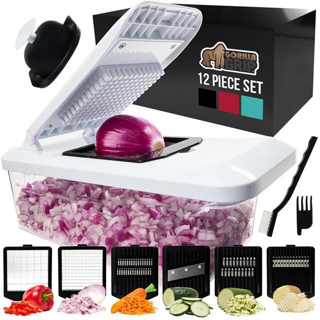 Gorilla Grip 12 in 1 Multifunctional Vegetable Chopper, Heavy Duty Manual Onion Chopper, Mandoline Slicer with Interchangeable Blades, Soft Grip Handles, Veggie Dicer Container, Kitchen Gadgets, Black