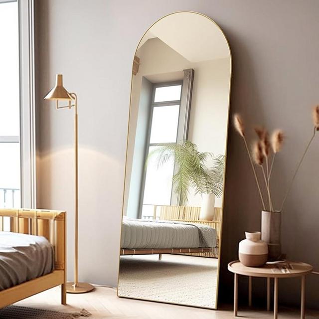 Otlsh Floor Mirror, 58"×18" Arched Full Length Mirror with Stand, Standing Mirror, Full Body Mirror, Large Mirror, Arched Wall Mirror, Freestanding, Aluminum Frame - Gold