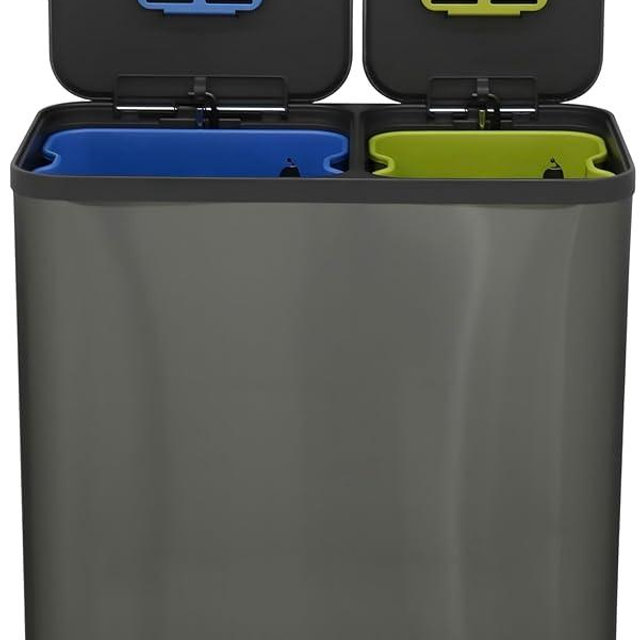70 Liter / 18.5 Gallon Rectangular Hands-Free Dual Compartment Recycling Kitchen Step Trash Can with Soft-Close Single Lid, Stainless Steel (40L x 30L Capacity) Elegant Black Finish