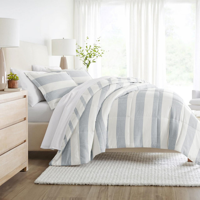 Distressed Stripe Reversible Soft Comforter Sets, Geometric Pattern - Becky Cameron, Distressed Stripe / Light Blue, King/California King