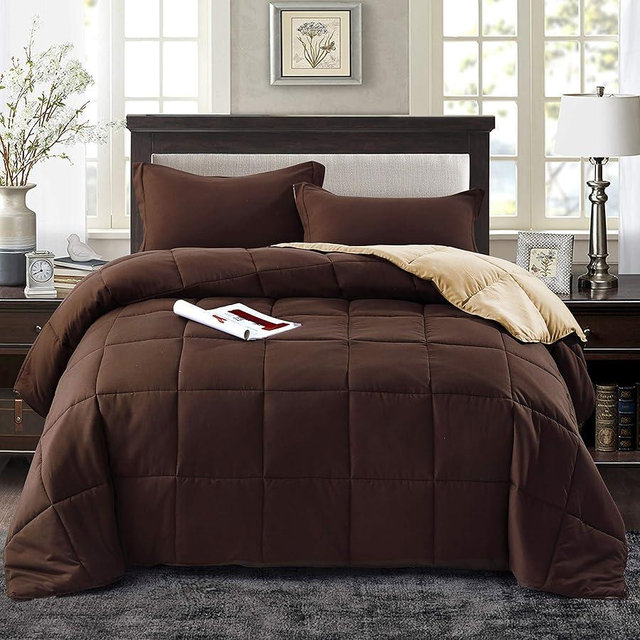HIG 3pc Down Alternative Comforter Set - All Season Reversible Comforter with Two Shams - Quilted Duvet Insert with Corner Tabs - Box Stitched - Super Soft, Fluffy (King/Cal King, Chocolate)