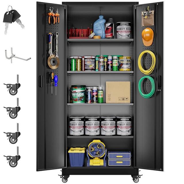 Aobabo 73''H Metal Garage Storage Cabinet with Wheels,Steel Cabinets with 2 Doors and 4 Adjustable Shelves for Home Office,Required Assembly,Black