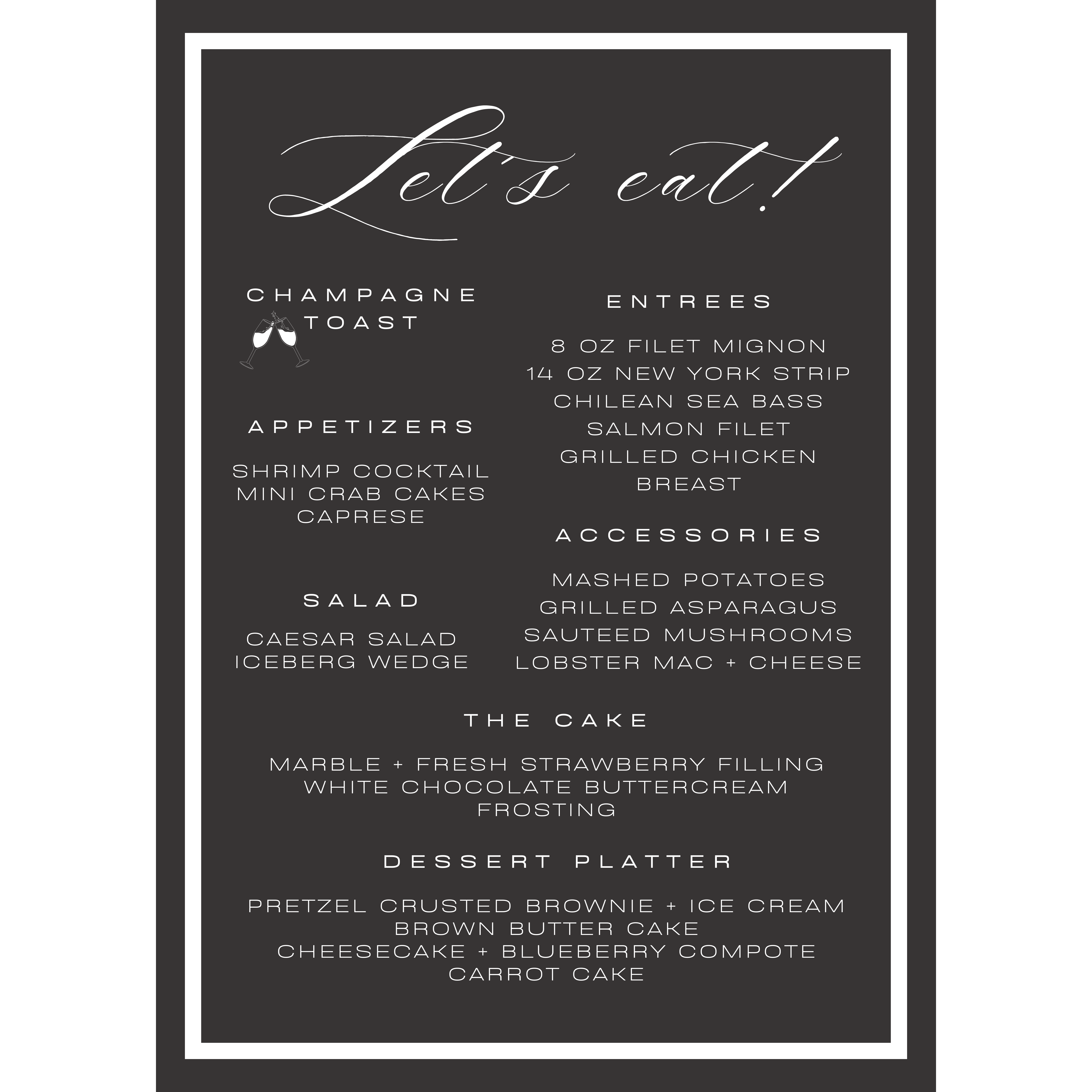Set menu for private dinner for invited guests at Prime 47 Carmel, costs $88 per person.