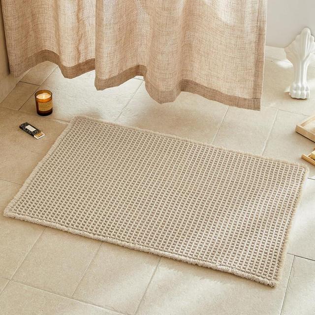 TYUU Beige Bathroom Rug, Waffle Bath Mat Non Slip Washable Super Absorbent Quick Dry Boho Farmhouse Bathroom Decor, 36"x24" Beige
