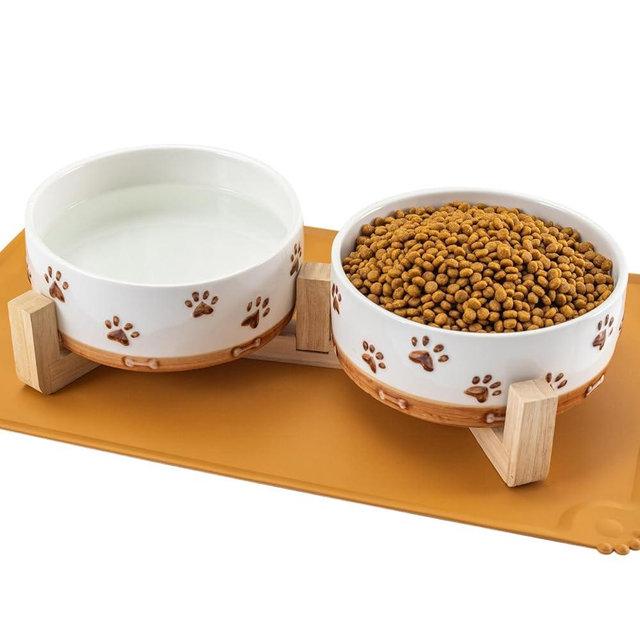 Ceramic Dog Bowls, 3.5 Cups Dog Food and Water Bowl Set for Medium Dogs with Wooden Stand and Non-Slip Silicone Food Mat, Weighted Embossed Cute Puppy Bowls Feeding Dishes Set of 2, 32 OZ