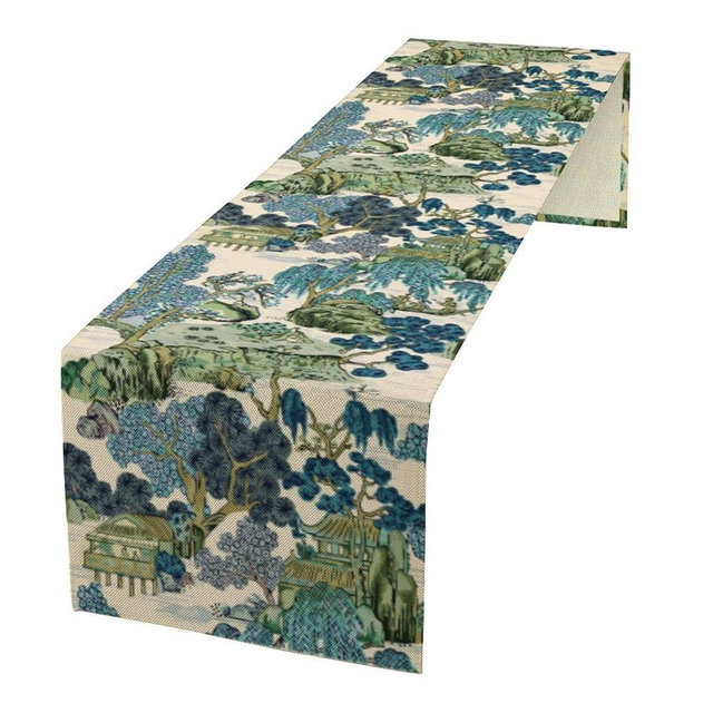 Houselerax Chinoiserie Table Runner, Vintage Traditional Landscape Ink Painting Oriental Japanese Asian Style Kitchen Dining Table Runners for Indoor Outdoor Home Party Holiday Decor 13X90Inch