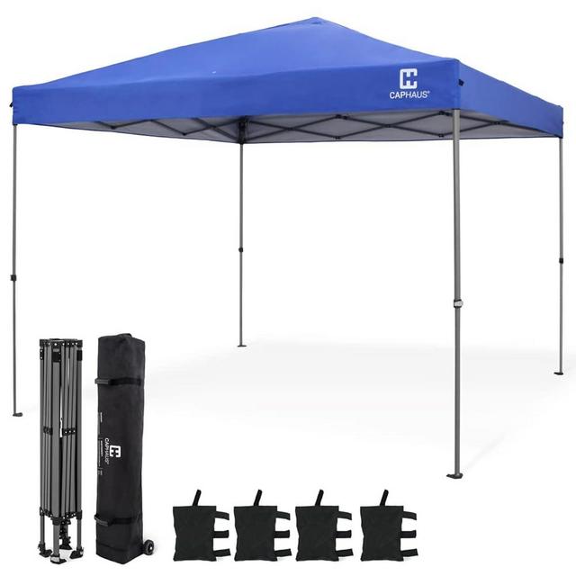 CAPHAUS 12ft x 12ft Patented One-Push Pop Up Outdoor Canopy Tent, Heavy-Duty Commercial Grade w/Central Lock, Portable and Instant Folding Shelter with Wheeled Carry Bag and Weight Bag, Blue