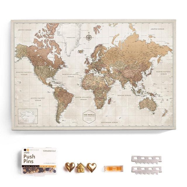 Canvas World Map with Cork Pin Board - English Lettering - Decorative Wall Decoration for All Rooms - Canvas Pictures with World Map Motif (90x60 cm, Pattern 16)
